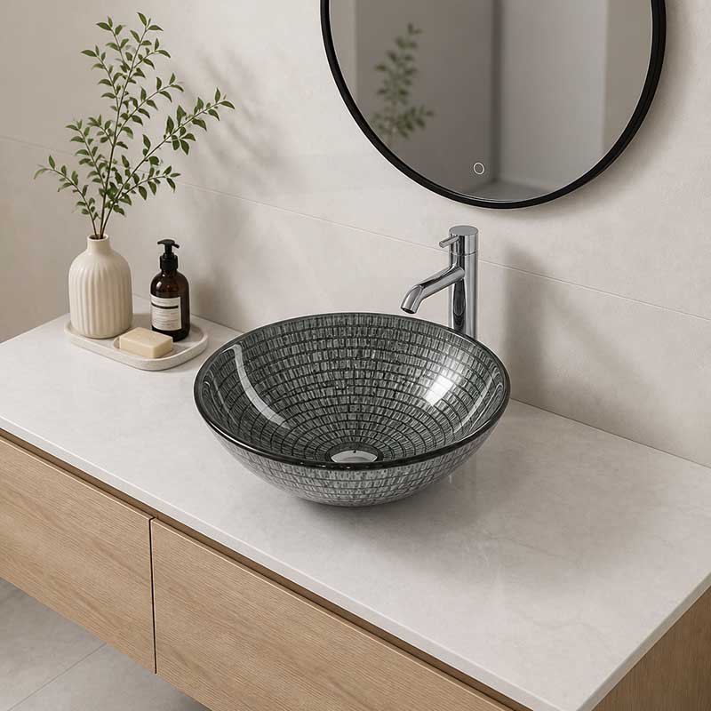 Above Counter Tempered Glass Basin Round Bathroom Antique Vintage Wash Art Basin 420x420x145mm