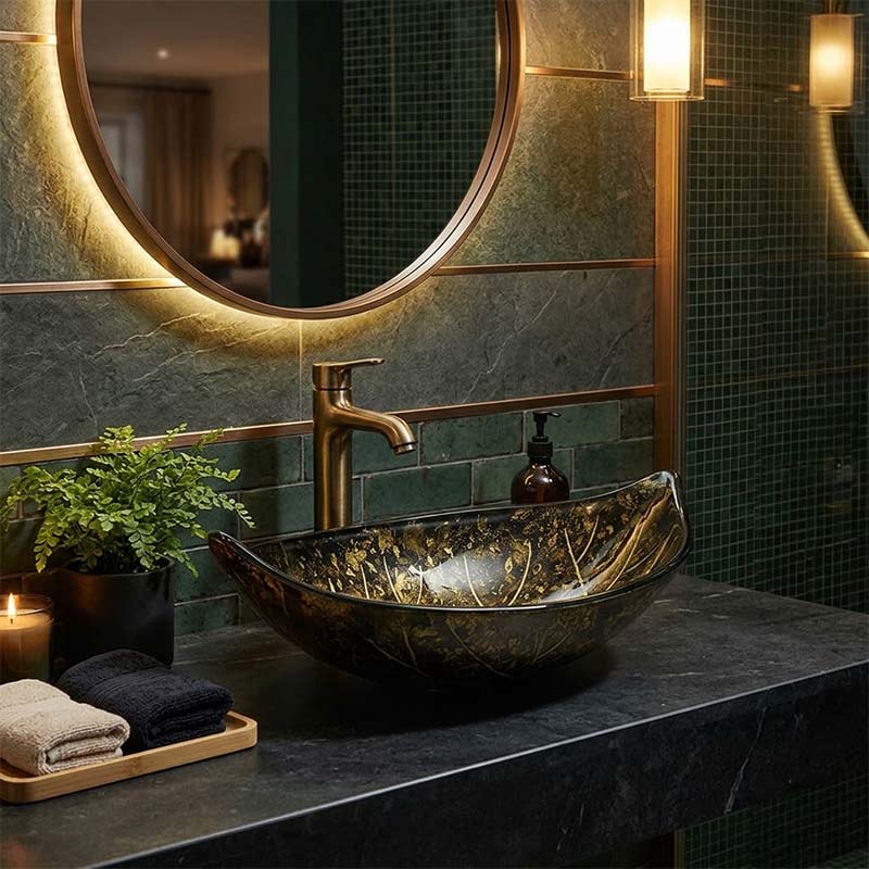 Above Counter Glass Art Basin Special Leaf Shape Bathroom Antique Vintage Wash Basin 590x380x145mm - Special Color