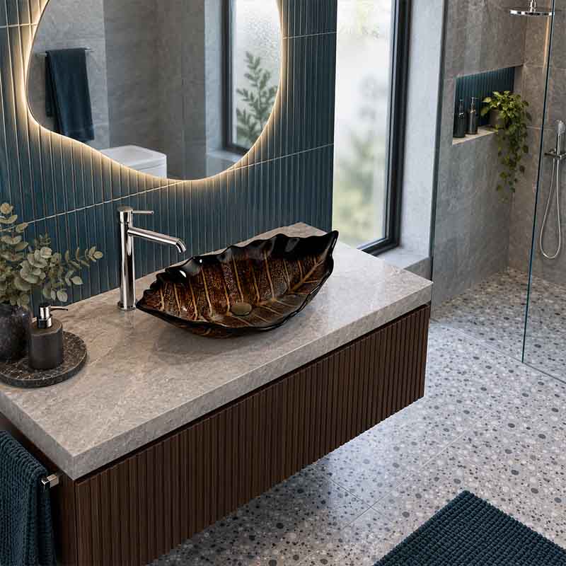 Infinity Leaf Shape Antique Vintage Tempered Glass Above Counter Basin NO Overflow 550x350x125mm - Multi Colour