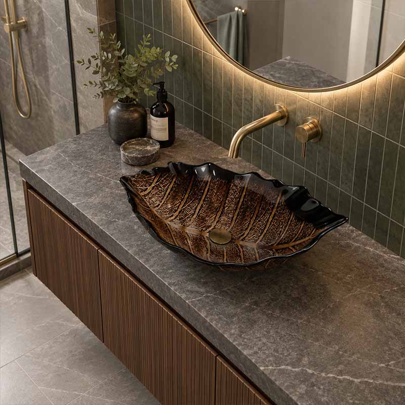 Infinity Leaf Shape Antique Vintage Tempered Glass Above Counter Basin NO Overflow 550x350x125mm - Multi Colour