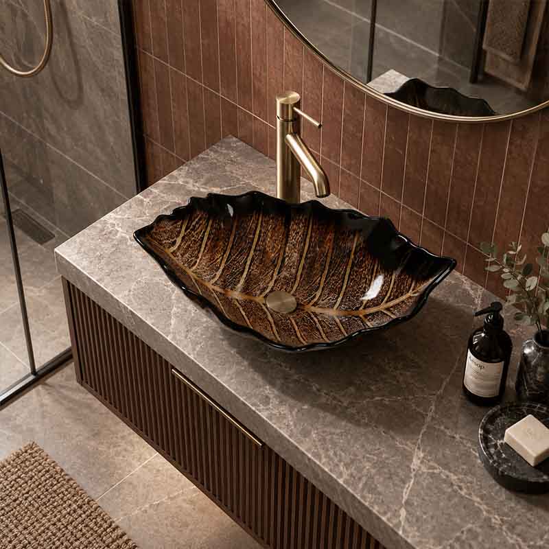 Infinity Leaf Shape Antique Vintage Tempered Glass Above Counter Basin NO Overflow 550x350x125mm - Multi Colour