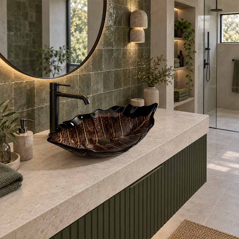 Infinity Leaf Shape Antique Vintage Tempered Glass Above Counter Basin NO Overflow 550x350x125mm - Multi Colour