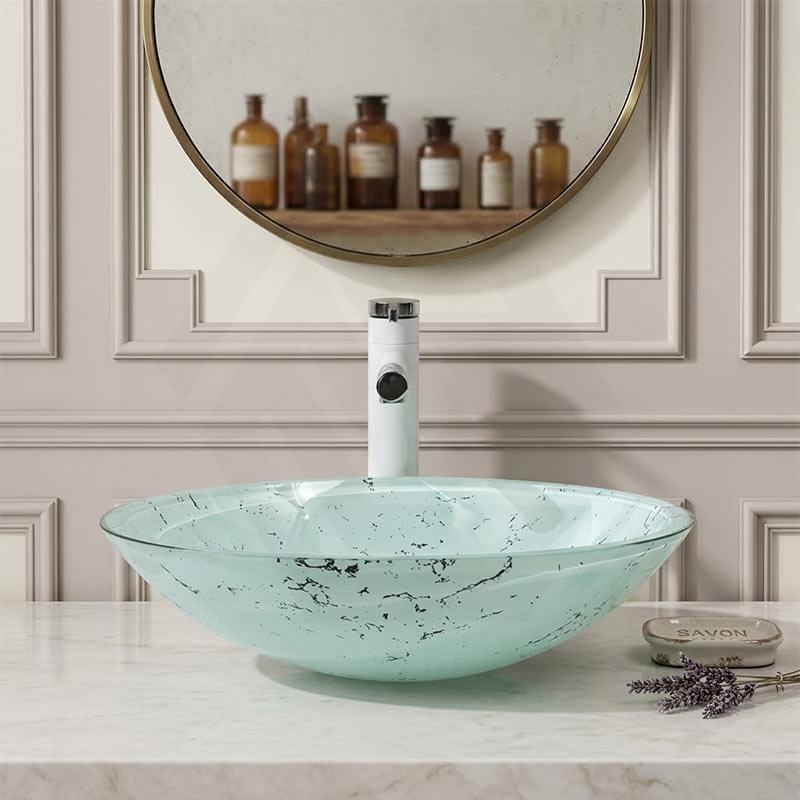 Oval Tempered Double Layer Glass Above Counter Basin 480x390x140mm - Green Marble Pattern