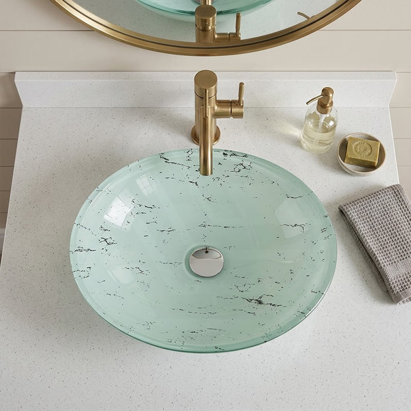 Oval Tempered Double Layer Glass Above Counter Basin 480x390x140mm - Green Marble Pattern