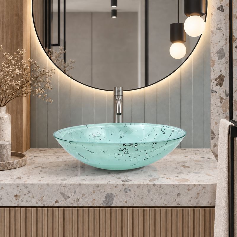 Oval Tempered Double Layer Glass Above Counter Basin 480x390x140mm - Green Marble Pattern