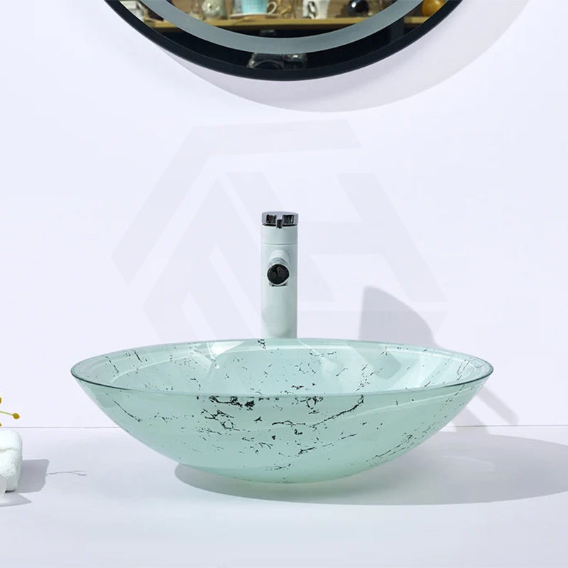 Oval Tempered Double Layer Glass Above Counter Basin 480x390x140mm - Green Marble Pattern