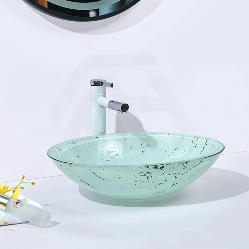 Oval Tempered Double Layer Glass Above Counter Basin 480x390x140mm - Green Marble Pattern