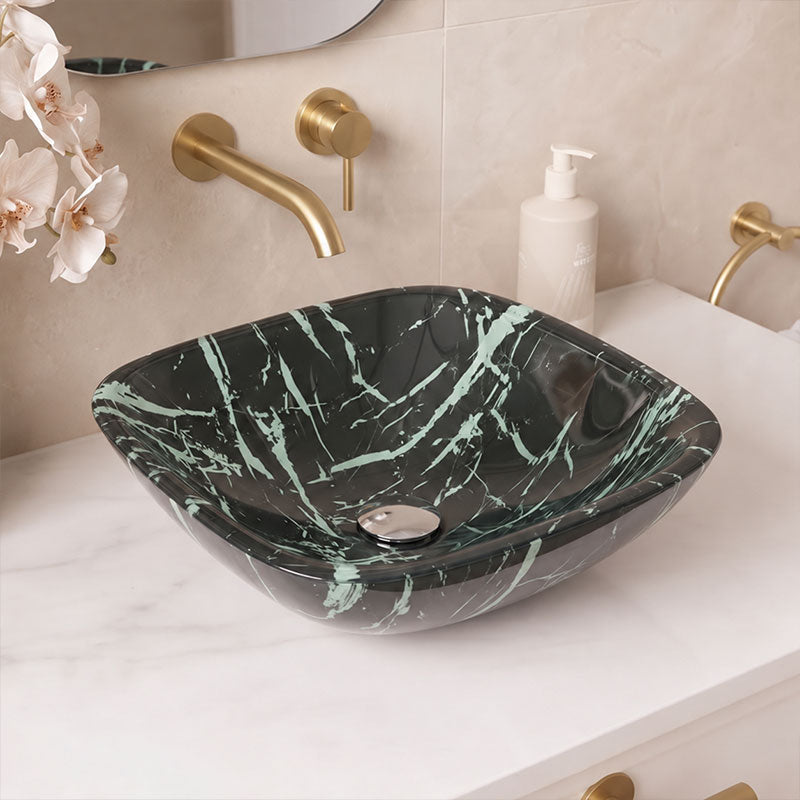 Tempered Glass Art Basin Square Shape Double Layer 400x400x140mm - Multi Color