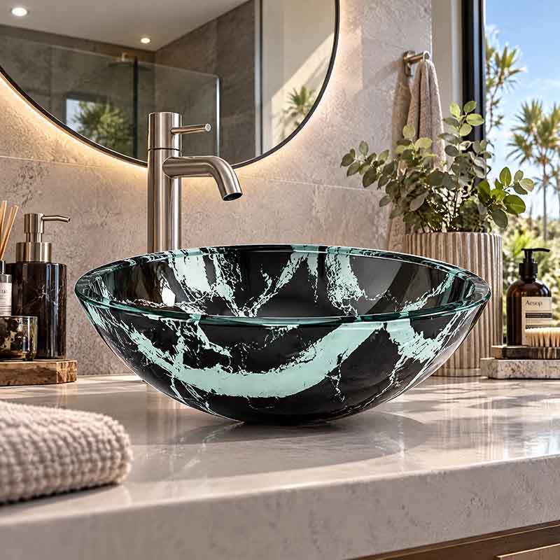 Double Layer Glass Basin Round Shape in 17mm Thickness 420x420x145mm