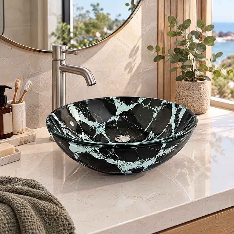Double Layer Glass Basin Round Shape in 17mm Thickness 420x420x145mm