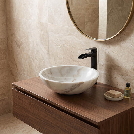 Round Above Counter Basin Bathroom Stone Wash Basin 420x420x140mm - White Marble Surface