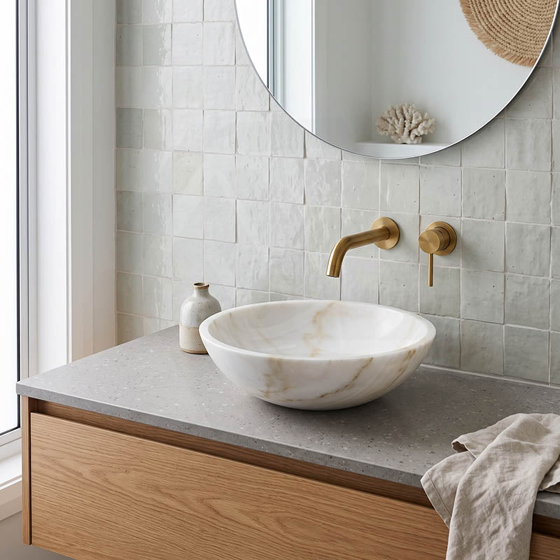 Round Above Counter Basin Bathroom Stone Wash Basin 420x420x140mm - White Marble Surface