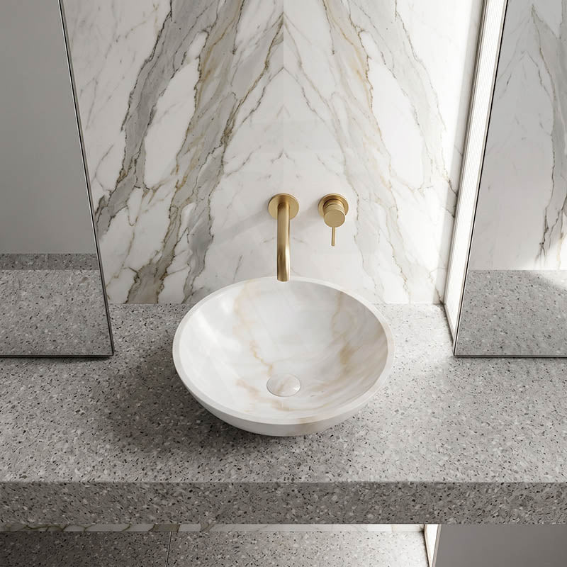 Round Above Counter Basin Bathroom Stone Wash Basin 420x420x140mm - White Marble Surface