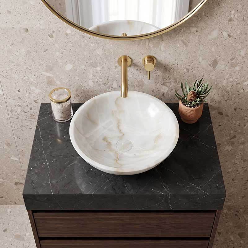 Round Above Counter Basin Bathroom Stone Wash Basin 420x420x140mm - White Marble Surface