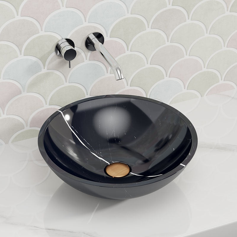 420X420X140Mm Round Above Counter Basin Gloss Black Marble Surface Bathroom Stone Wash