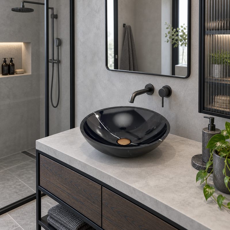 Round Above Counter Stone Basin Marble Surface Bathroom Stone Wash Basin 420x420x140mm - Gloss Black