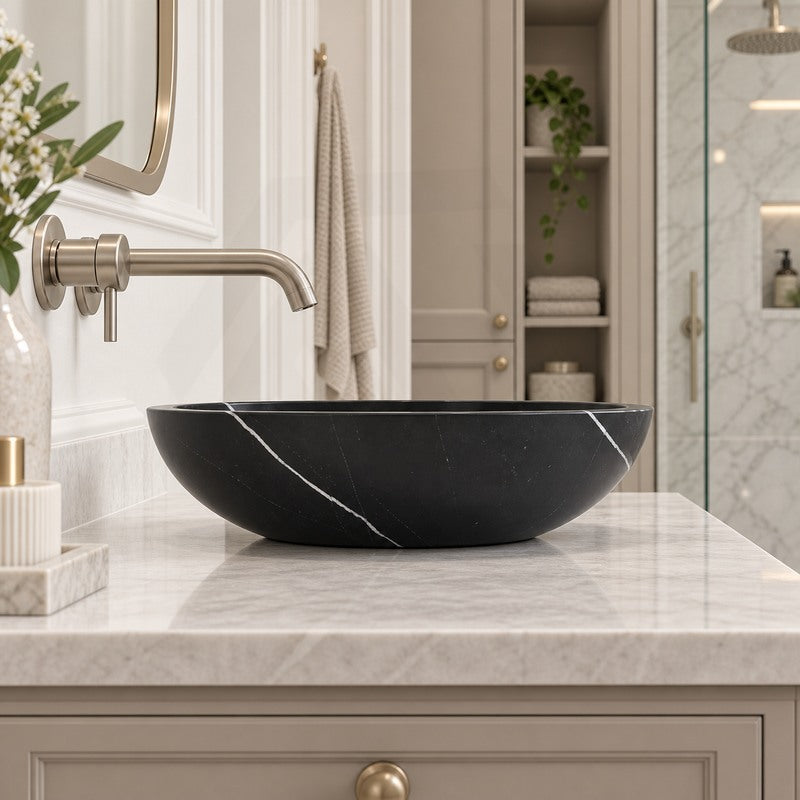 Round Above Counter Stone Basin Marble Surface Bathroom Stone Wash Basin 420x420x140mm - Gloss Black