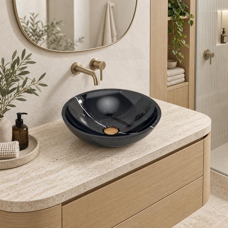 Round Above Counter Stone Basin Marble Surface Bathroom Stone Wash Basin 420x420x140mm - Gloss Black