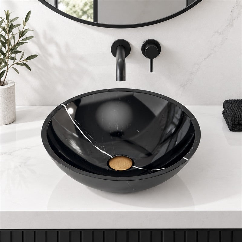 Round Above Counter Stone Basin Marble Surface Bathroom Stone Wash Basin 420x420x140mm - Gloss Black