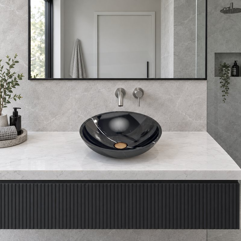 Round Above Counter Stone Basin Marble Surface Bathroom Stone Wash Basin 420x420x140mm - Gloss Black