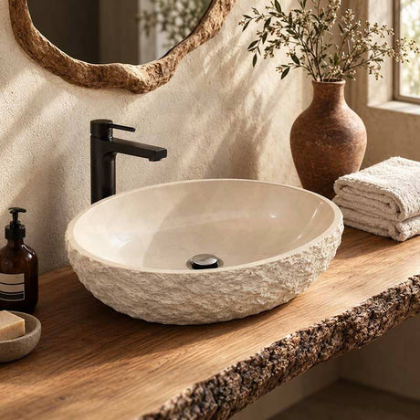 Above Counter Stone Basin Oval Marble Surface Bathroom Wash Basin 510x360x160mm -Yellow Marble