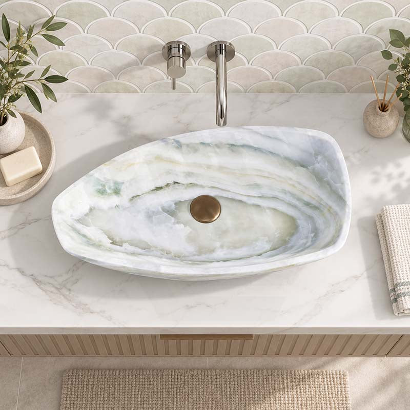 Above Counter Stone Basin Special Shape Luxury Bathroom Wash Basin Vintage 700x390x110mm - White Onyx Surface