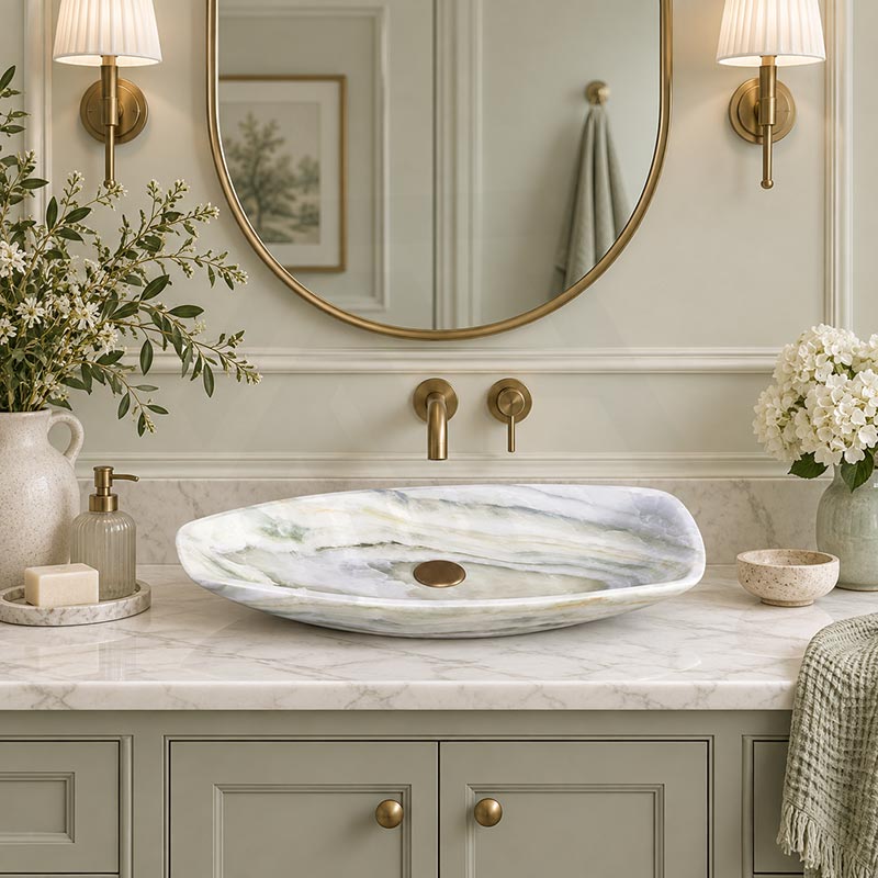 Above Counter Stone Basin Special Shape Luxury Bathroom Wash Basin Vintage 700x390x110mm - White Onyx Surface