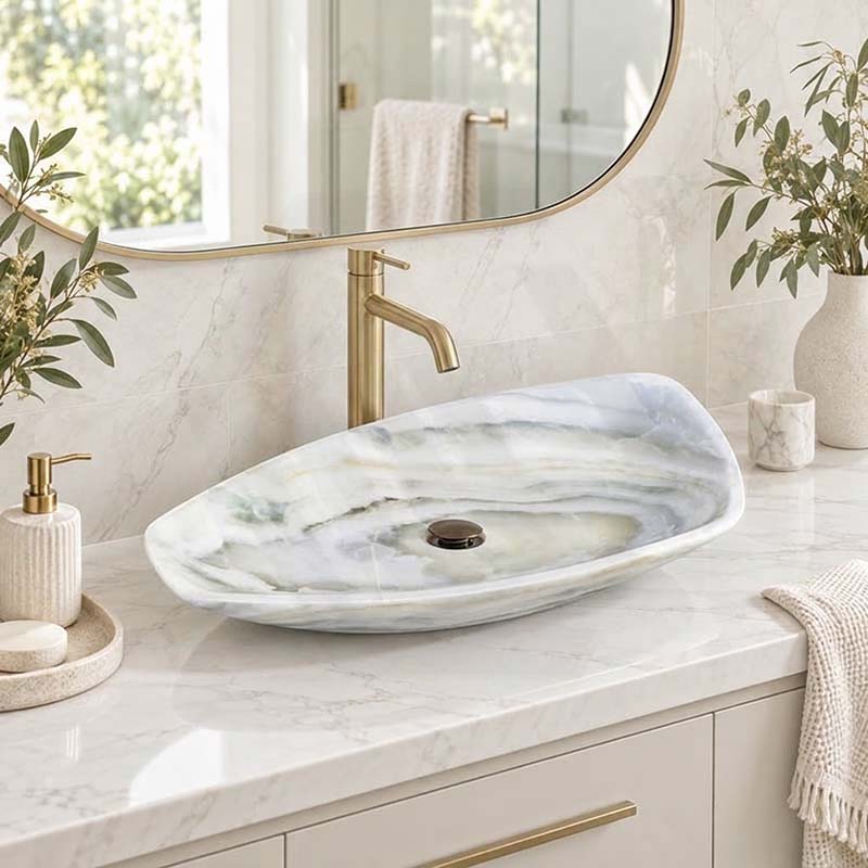 Above Counter Stone Basin Special Shape Luxury Bathroom Wash Basin Vintage 700x390x110mm - White Onyx Surface