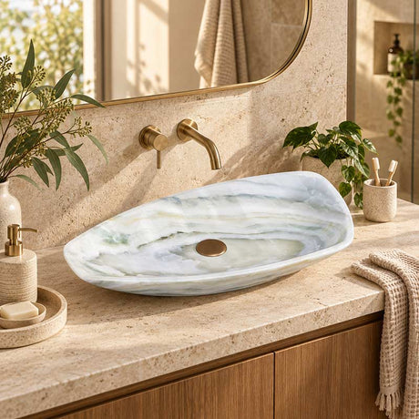 Above Counter Stone Basin Special Shape Luxury Bathroom Wash Basin Vintage 700x390x110mm - White Onyx Surface