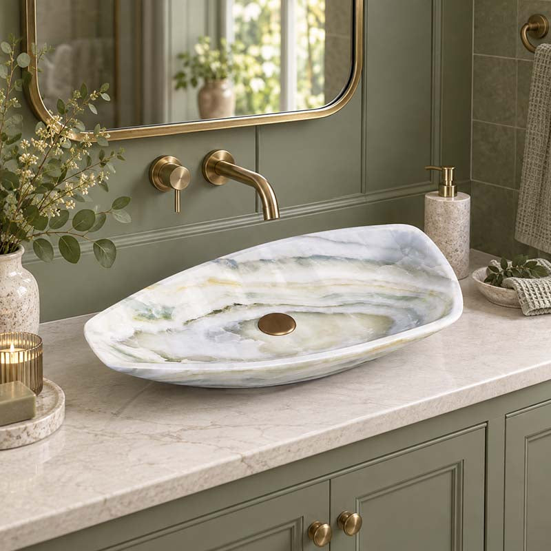 Above Counter Stone Basin Special Shape Luxury Bathroom Wash Basin Vintage 700x390x110mm - White Onyx Surface
