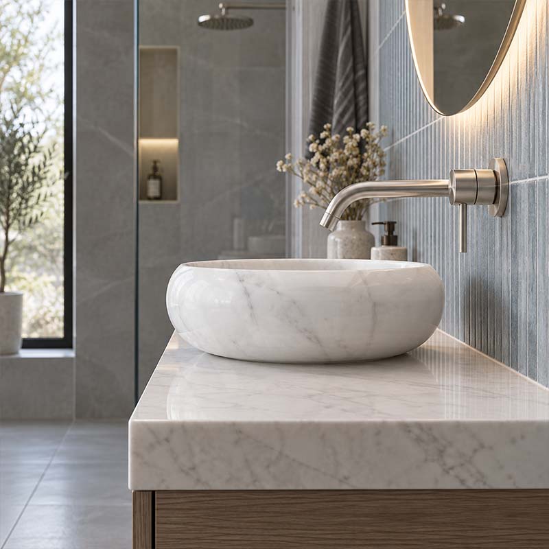 Infinity Round Stone Above Counter Basin NO Overflow 420x420x140mm - White Marble