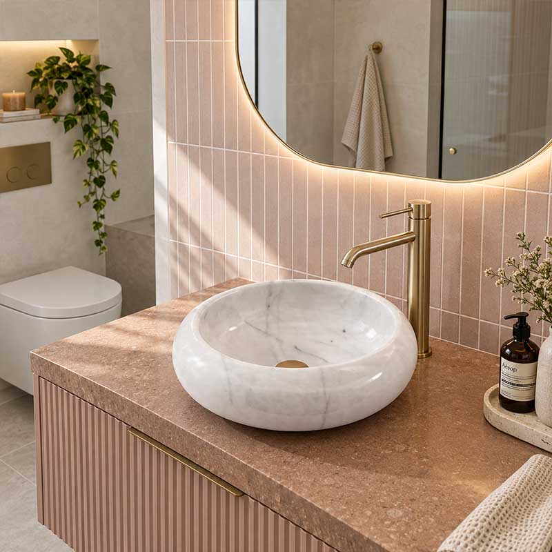 Infinity Round Stone Above Counter Basin NO Overflow 420x420x140mm - White Marble