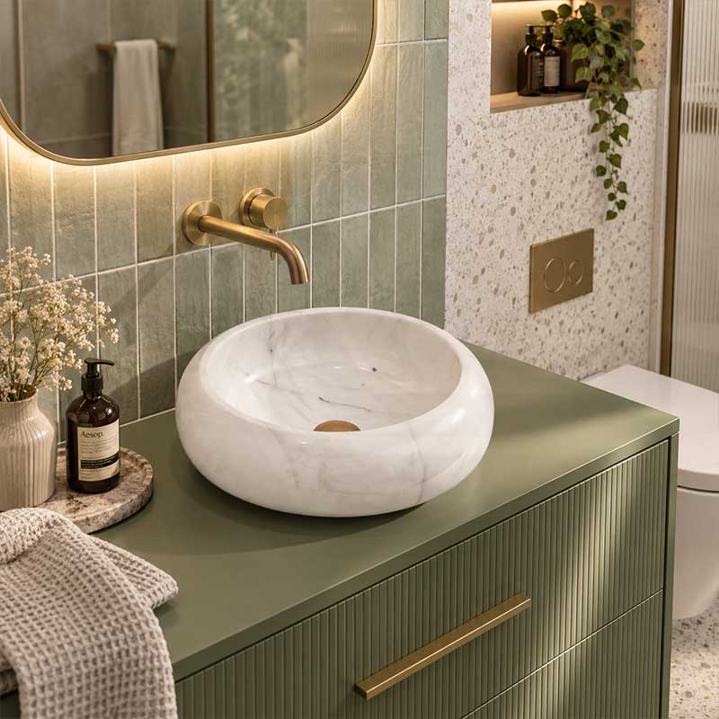 Infinity Round Stone Above Counter Basin NO Overflow 420x420x140mm - White Marble