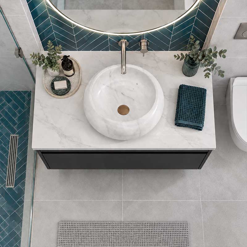 Infinity Round Stone Above Counter Basin NO Overflow 420x420x140mm - White Marble