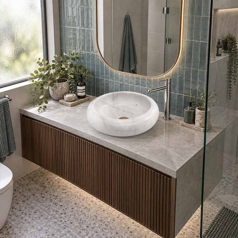 Infinity Round Stone Above Counter Basin NO Overflow 420x420x140mm - White Marble