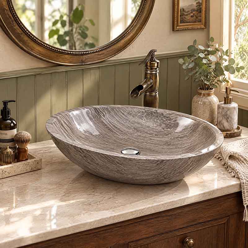Above Counter Stone Basin Oval Shape Marble Surface Bathroom Wash Basin Antique Vintage 500x350x150mm