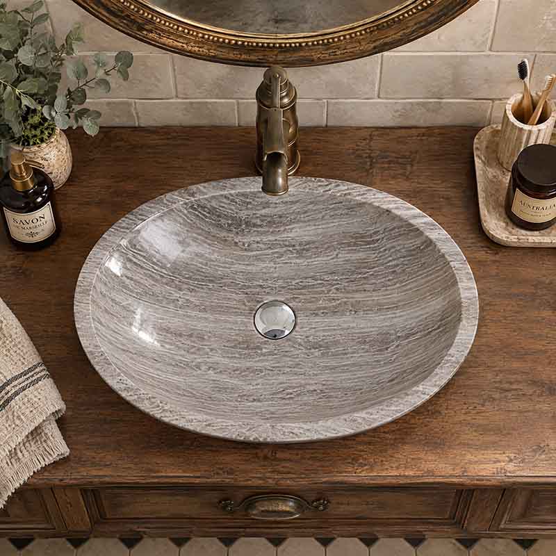 Above Counter Stone Basin Oval Shape Marble Surface Bathroom Wash Basin Antique Vintage 500x350x150mm
