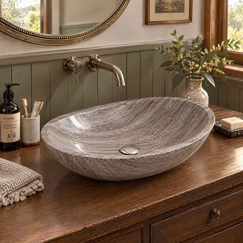 Above Counter Stone Basin Oval Shape Marble Surface Bathroom Wash Basin Antique Vintage 500x350x150mm
