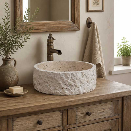 Above Counter Basin Bathroom Round Stone Wash Basin Vintage Antique 420x420x140mm - Marble Surface