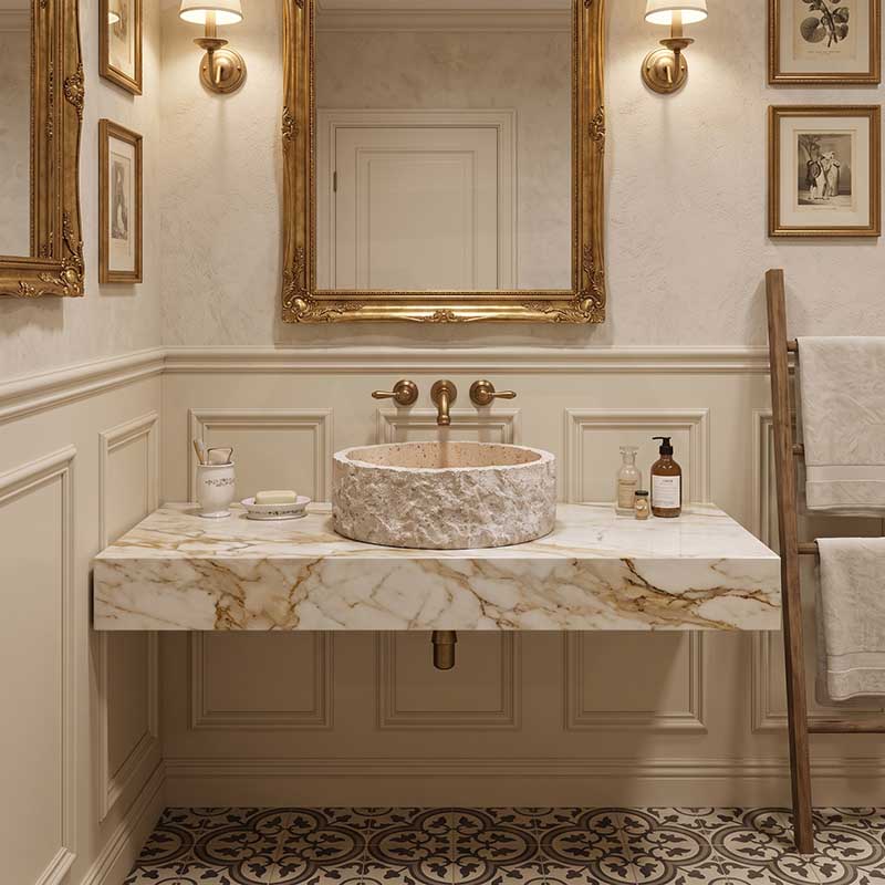 Above Counter Basin Bathroom Round Stone Wash Basin Vintage Antique 420x420x140mm - Marble Surface