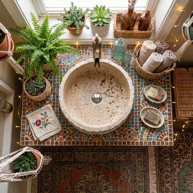 Above Counter Basin Bathroom Round Stone Wash Basin Vintage Antique 420x420x140mm - Marble Surface
