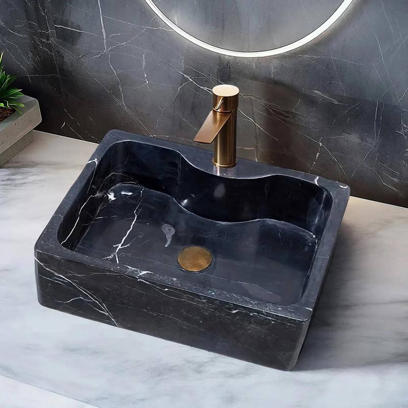 Above Counter Marble Surface Stone Basin Antique with Tap Hole 500x380x150mm - Black Marble