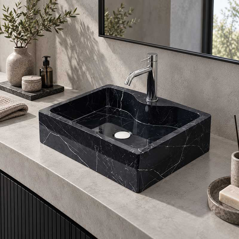 Above Counter Marble Surface Stone Basin Antique with Tap Hole 500x380x150mm - Black Marble