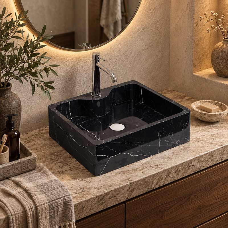Above Counter Marble Surface Stone Basin Antique with Tap Hole 500x380x150mm - Black Marble