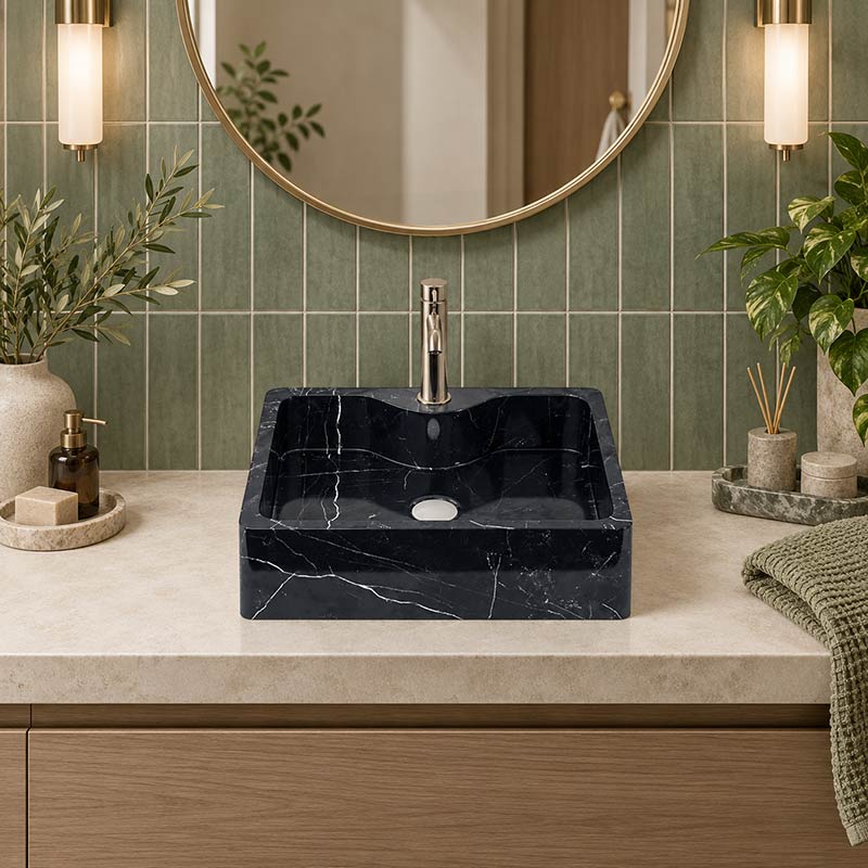 Above Counter Marble Surface Stone Basin Antique with Tap Hole 500x380x150mm - Black Marble