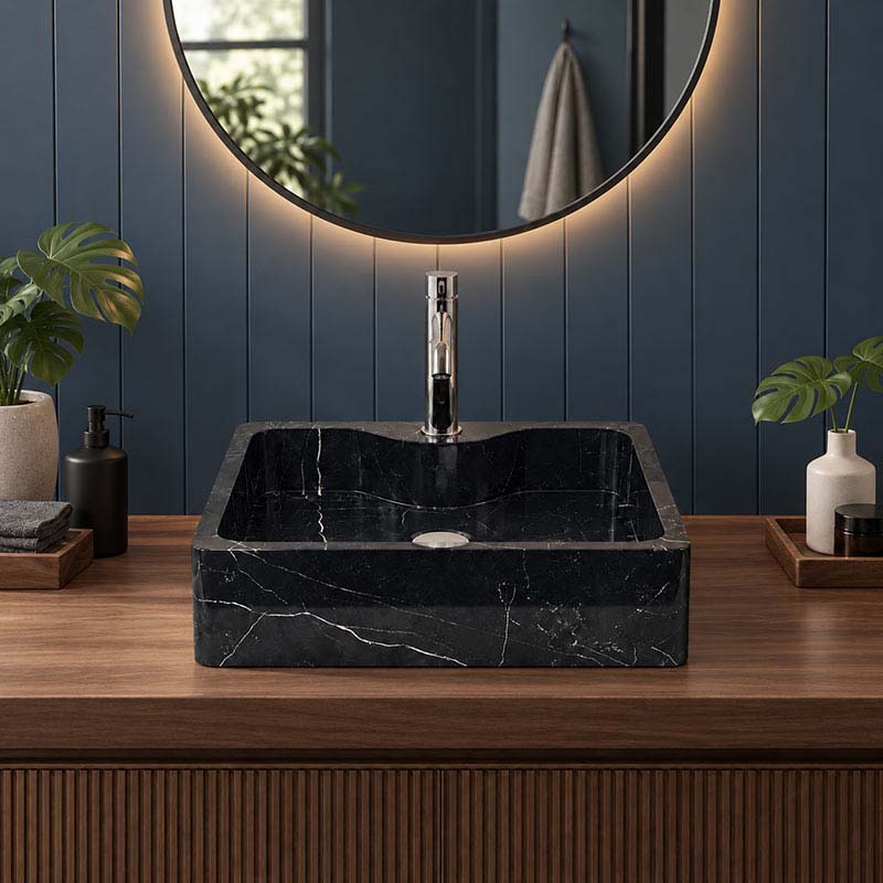 Above Counter Marble Surface Stone Basin Antique with Tap Hole 500x380x150mm - Black Marble