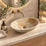 Above Counter Stone Basin Oval Shape Bathroom Wash Basin Antique Vintage 480x320x140mm - Yellow Onyx Surface