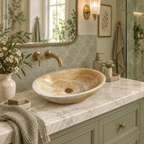 Above Counter Stone Basin Oval Shape Bathroom Wash Basin Antique Vintage 480x320x140mm - Yellow Onyx Surface