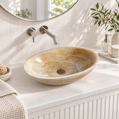 Above Counter Stone Basin Oval Shape Bathroom Wash Basin Antique Vintage 480x320x140mm - Yellow Onyx Surface