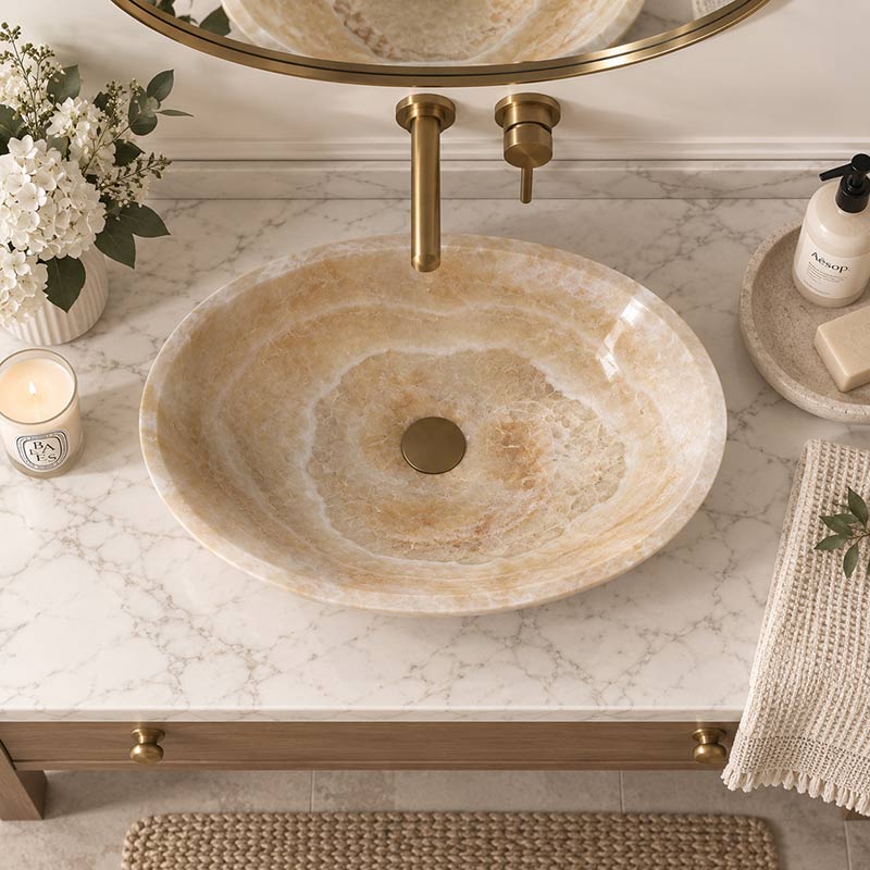 Above Counter Stone Basin Oval Shape Bathroom Wash Basin Antique Vintage 480x320x140mm - Yellow Onyx Surface